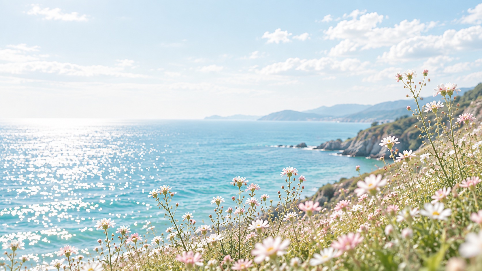 陽光を受けて輝く海と海辺の草花